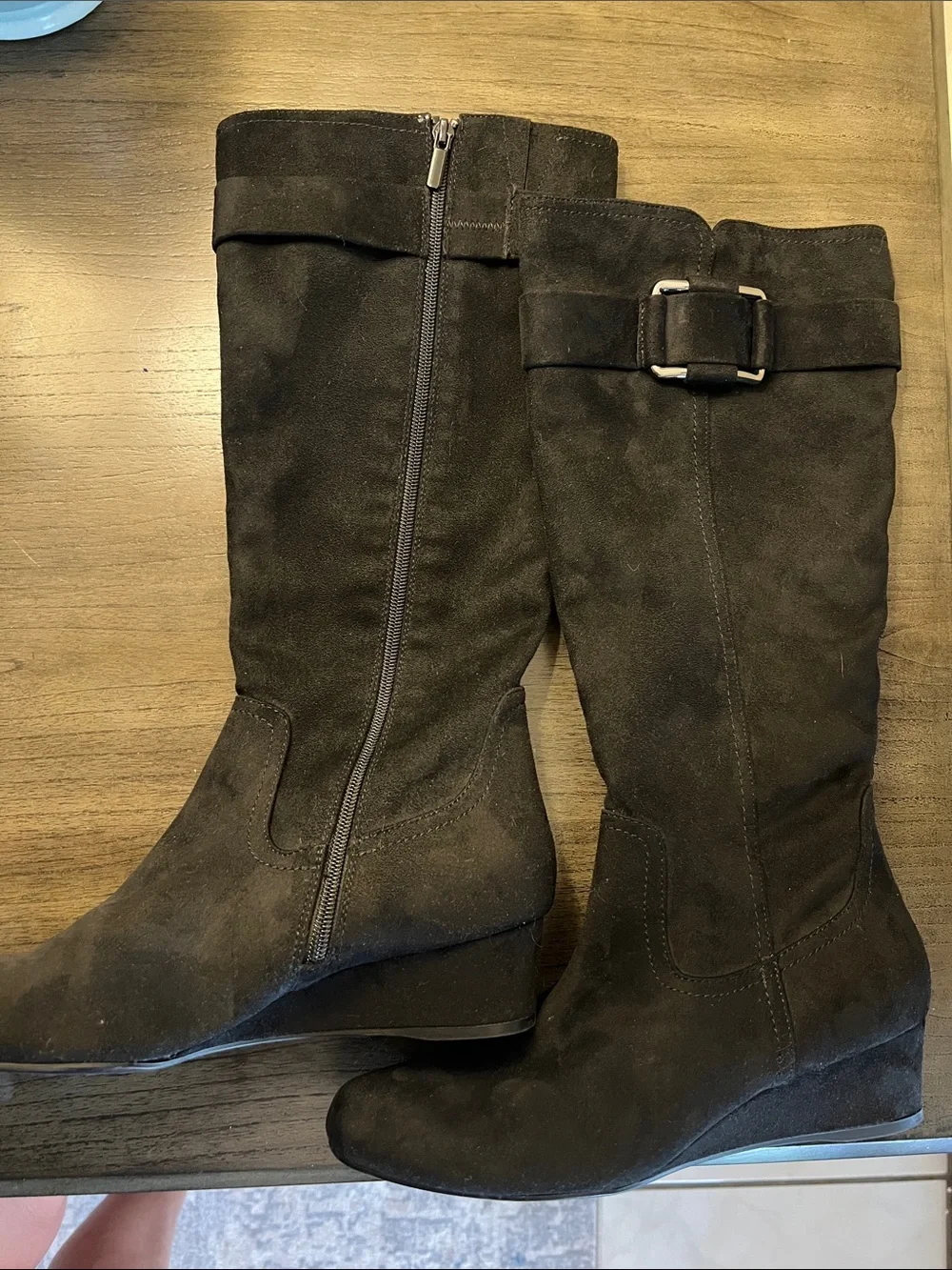 Women's Black Suede Knee-High Wedge Boots with Buckle Detail